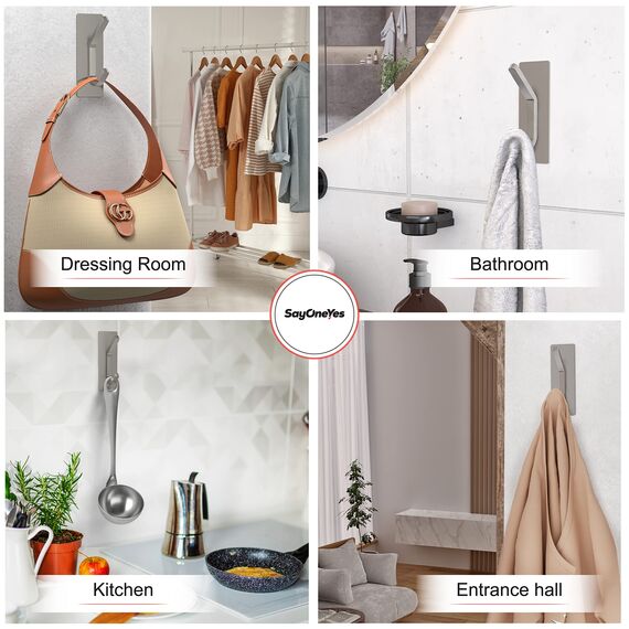 SAYONEYES Handtuchhaken aus gebürstetem Nickel, selbstklebend, für Badezimmer, Wandtür, SUS304 Edelstahl, starke Streifen, zum Aufkleben auf 3M-Wandhaken zum Aufhängen von Mantel, Hut, Tasche,