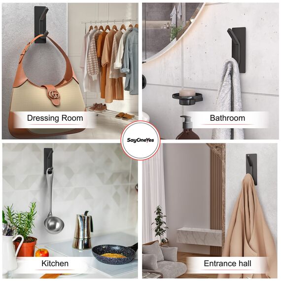 SAYONEYES Selbstklebende Handtuchhaken für Badezimmer, Wandtür, mattschwarz, SUS304 Edelstahl, starke Streifen, zum Aufkleben auf 3M-Wandhaken zum Aufhängen von Mantel, Hut, Tasche, Schlüssel, Jacke,