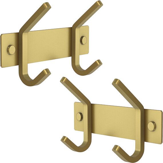 Kleine Garderobenleiste Wandhalterung, gebürstetes Gold, 15,2 cm, Edelstahlschiene mit 2 Doppelgarderobenhaken für Eingang, Badezimmer, Schlafzimmer, Küche, Moderne goldene Hakenleiste für Mäntel