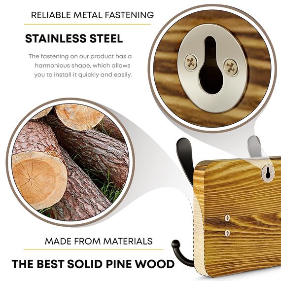 SAYONEYES Holzgarderobe Wandhalterung mit 10 Tri Kleiderhaken zum Aufhängen - 99 cm schweres Premium Massivholz Kiefer Holz - Wandhaken Rack für Badezimmer, Schlafzimmer, Eingangsbereich (Braun - 2