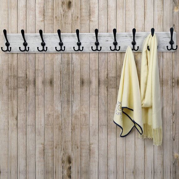 Dseap Garderobe, Garderobenleiste, 97cm Lang Robust Hakenleiste Holz mit 10 Dreifachhaken, Garderobenhaken Wand, Kleiderhaken für Mantel Kleidung Hut Jacken Schals,Weiß