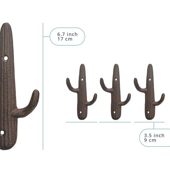 Comfify 3er-Set - Gusseiserne Kaktus-Doppelwandhaken/Bügel - Dekorative Wandhaken für Mäntel, Taschen, Handtücher und mehr - mit Schrauben und Ankern - Farbe rustikal braun
