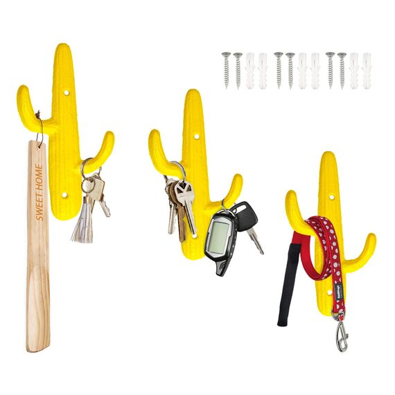 Comfify 3er-Set - Gusseiserne Kaktus-Doppelwandhaken/Bügel - Dekorative Wandhaken für Mäntel, Taschen, Handtücher und mehr - mit Schrauben und Ankern - Farbe rustikal gelb