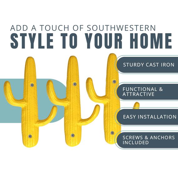 Comfify 3er-Set - Gusseiserne Kaktus-Doppelwandhaken/Bügel - Dekorative Wandhaken für Mäntel, Taschen, Handtücher und mehr - mit Schrauben und Ankern - Farbe rustikal gelb
