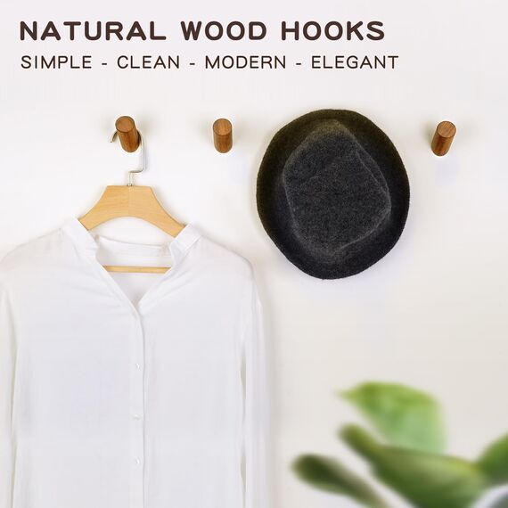 Felidio Wandhaken aus Holz, 4 Stück, Wandmontage, rustikale Holzhaken, robuste Kleiderhaken, Hutablage, Haken zum Aufhängen von Handtüchern, Kleiderbügeln (Walnussholz)