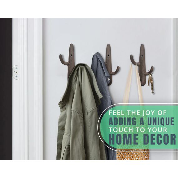 Comfify 3er-Set - Gusseiserne Kaktus-Doppelwandhaken/Bügel - Dekorative Wandhaken für Mäntel, Taschen, Handtücher und mehr - mit Schrauben und Ankern - Farbe rustikal braun