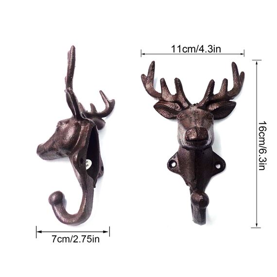 E-isata 2er Set Hirschschädel Haken aus Gusseisen,Home Bauernhaus Dekor Geschenk Vintage,Metall Garderobe Deko Wanddeko Kleiderhaken 11 * 7 * 16 CM