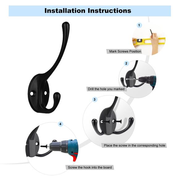 Kruodop Kleiderhaken zum Aufhängen, robust, Wandmontage, schwarz, Handtuchhaken, Metall, Einzel-Kleiderbügel mit Schrauben, Tasse, Retro, für Mäntel, Handtaschen, Handtücher, 6 Stück