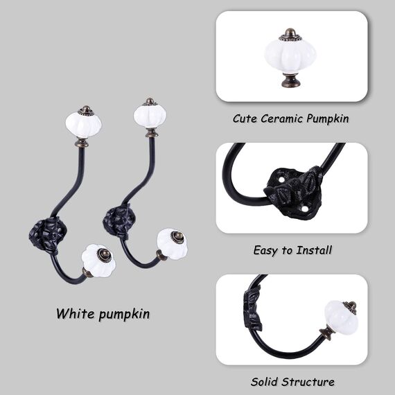 NIKKY HOME Wandhaken, dekorativ, 2 Stück, zum Aufhängen, rustikal, Vintage, Kürbis, Metall, Eisen, Keramik, antik montiert, Wandhaken für Handtücher, Mäntel, Taschen, Schals, Mützen, Badezimmer, weiß