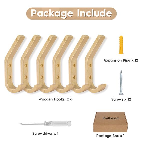 Watbeyoz Kleiderhaken aus Holz, natürliche Eiche, dekorative Vintage-Wandhaken, Organizer, robuste Wandhaken zum Aufhängen von Mänteln, Schlüsseln, Kappen, Tassen (6 Stück)