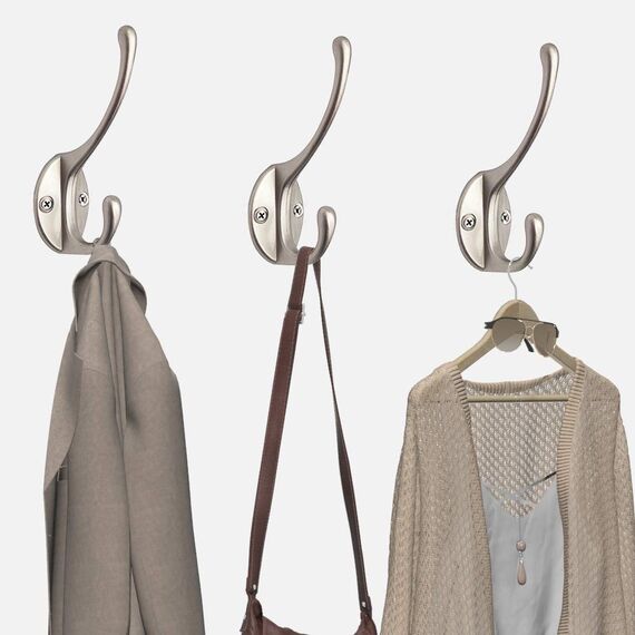 IBosins 10 Stück robuste Doppel-Kleiderhaken zur Wandmontage mit 40 Schrauben, Retro-Doppelhaken, Utility-Silberhaken für Mantel, Schal, Tasche, Handtuch, Schlüssel, Kappe, Tasse, Hut (silberfarben)