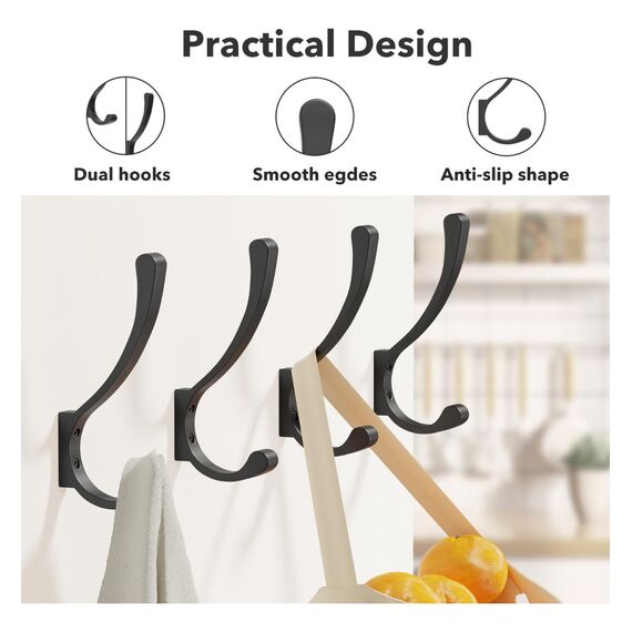 saffruff 4 Stück große Wandhaken zum Aufhängen, strapazierfähig, schwarze Kleiderhaken für Wand, Kleiderbügelhaken Wandmontage, Taschenhaken, Schraubhaken, Metall-Wandhaken zum Aufhängen von Mänteln,