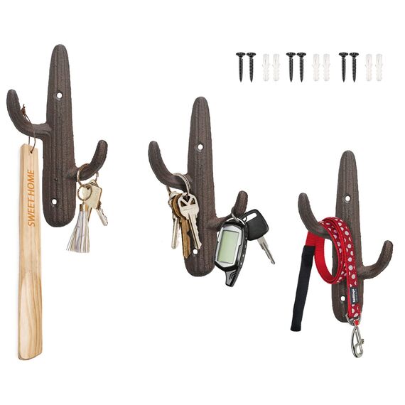 Comfify 3er-Set - Gusseiserne Kaktus-Doppelwandhaken/Bügel - Dekorative Wandhaken für Mäntel, Taschen, Handtücher und mehr - mit Schrauben und Ankern - Farbe rustikal braun