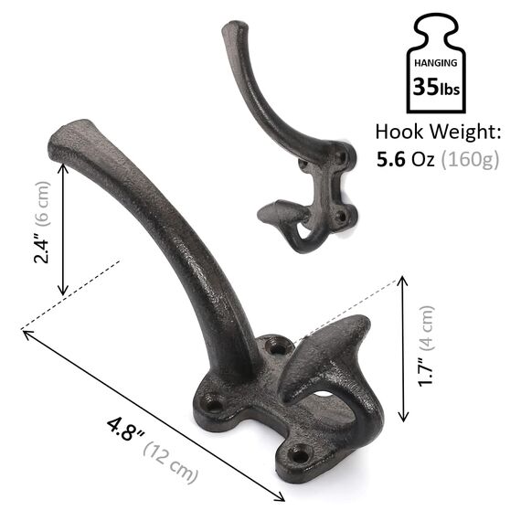 Ambipolar 5 x robuste Doppel-Wandhaken aus Gusseisen, Vintage-Stil, schwarz, Wandmontage, für Schlamm, Hutablage, Geldbörsenhaken