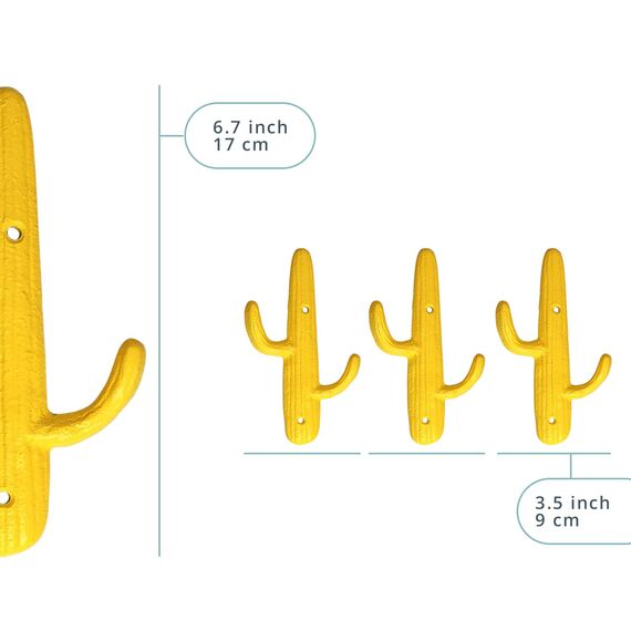 Comfify 3er-Set - Gusseiserne Kaktus-Doppelwandhaken/Bügel - Dekorative Wandhaken für Mäntel, Taschen, Handtücher und mehr - mit Schrauben und Ankern - Farbe rustikal gelb