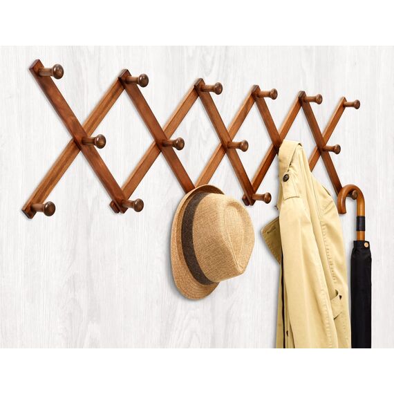 Amber Home Akkordeon-Wandregal aus Holz, 17 Haken (Pegs), erweiterbarer Wandaufhänger für Mantel, Hut, Schal, Kaffeetassen, X-Form, Kleiderhaken (Antik Retro)