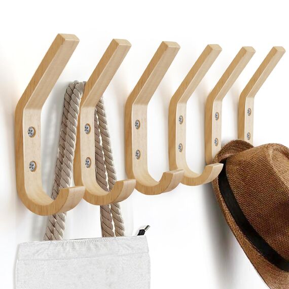 Watbeyoz Kleiderhaken aus Holz, natürliche Eiche, dekorative Vintage-Wandhaken, Organizer, robuste Wandhaken zum Aufhängen von Mänteln, Schlüsseln, Kappen, Tassen (6 Stück)