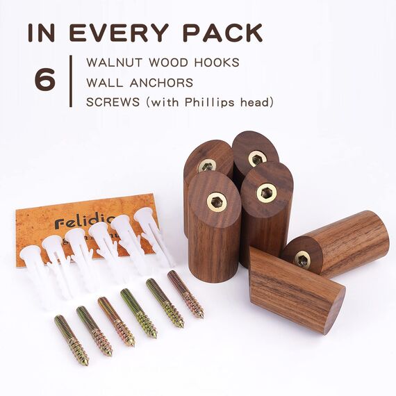 Holzwandhaken, 6 Stück, natürliche Holz-Kleiderhaken zur Wandmontage,Felidio rustikale robuste Haken zum Aufhängen von Handtüchern, Mänteln, Pflanzen, Hutaufhänger, Wandgarderobe (Walnussholz)