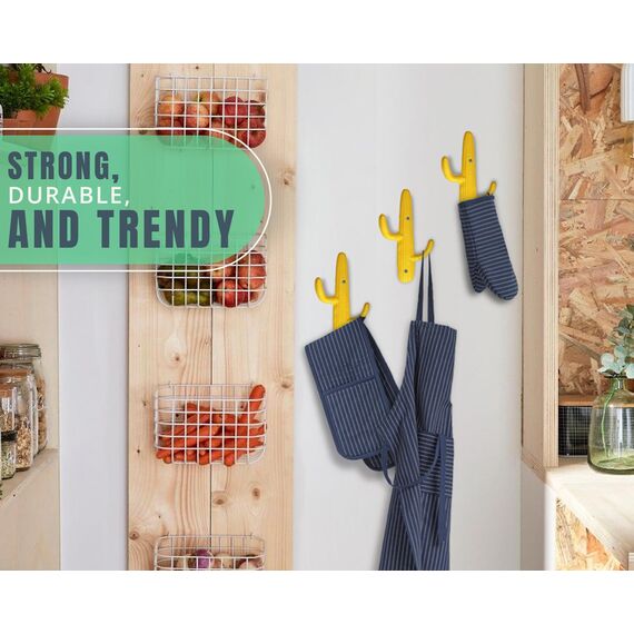 Comfify 3er-Set - Gusseiserne Kaktus-Doppelwandhaken/Bügel - Dekorative Wandhaken für Mäntel, Taschen, Handtücher und mehr - mit Schrauben und Ankern - Farbe rustikal gelb