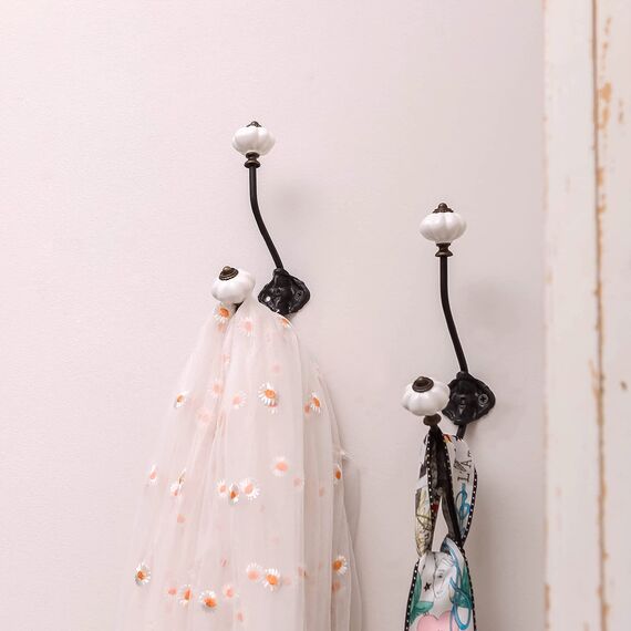 NIKKY HOME Wandhaken, dekorativ, 2 Stück, zum Aufhängen, rustikal, Vintage, Kürbis, Metall, Eisen, Keramik, antik montiert, Wandhaken für Handtücher, Mäntel, Taschen, Schals, Mützen, Badezimmer, weiß