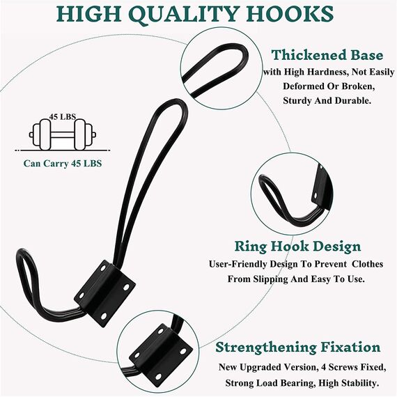 Rustikale Eingangshaken - 6 Stück Bauernhaus-Haken mit Metallschrauben im Lieferumfang enthalten, schwarz, doppelter Vintage-Organizer zum Aufhängen von Drahthaken, Kleiderbügel