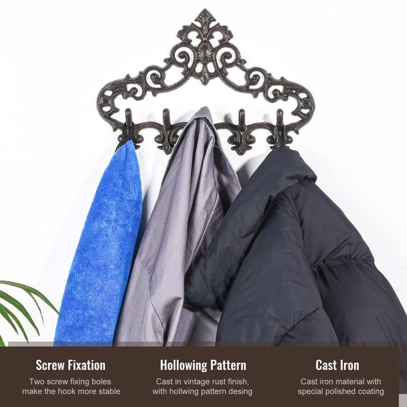 Sungmor Retro Style Gusseisen Wandhalterung mit 5 Haken - 13,07 × 8,74 Zoll/Aushöhlungsmuster Dekorative Hängegestell - Charming Home Decor