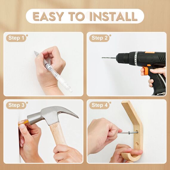 Watbeyoz Kleiderhaken aus Holz, natürliche Eiche, dekorative Vintage-Wandhaken, Organizer, robuste Wandhaken zum Aufhängen von Mänteln, Schlüsseln, Kappen, Tassen (6 Stück)