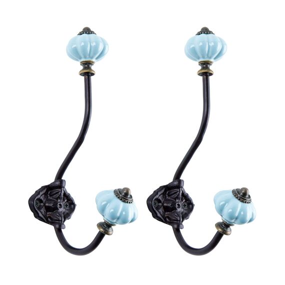 NIKKY HOME Set mit 2 Kleiderhaken im Vintage-Kürbis-Design, Metall und Keramik, Blau