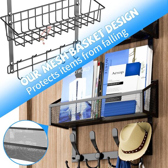 Kaiferty Türhaken-Organizer, Türaufhänger, Handtuchhalter, Netzkorb mit 12 Haken, Kleiderhaken hinter der Tür, Organizer für Badezimmer, Schlafzimmer, Küche, Büro (schwarz)