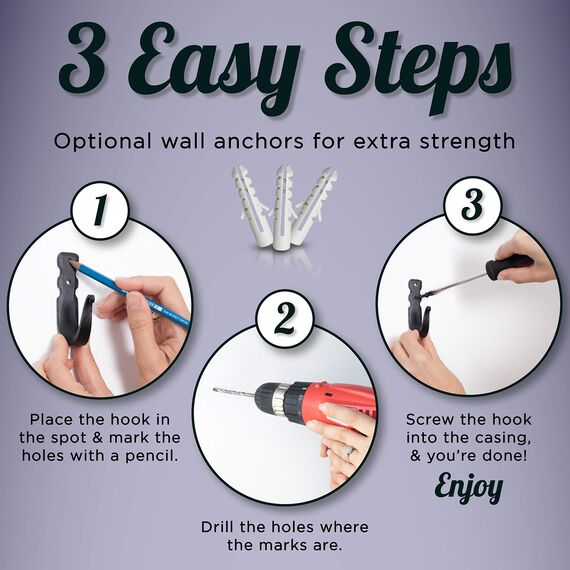 Marie Décor Schmied handgefertigt Basic Schmiedeeisen Wandhaken – Set von 3 (schwarz) schwarz