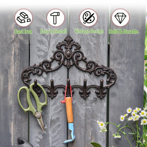 Sungmor Retro Style Gusseisen Wandhalterung mit 5 Haken - 13,07 × 8,74 Zoll/Aushöhlungsmuster Dekorative Hängegestell - Charming Home Decor