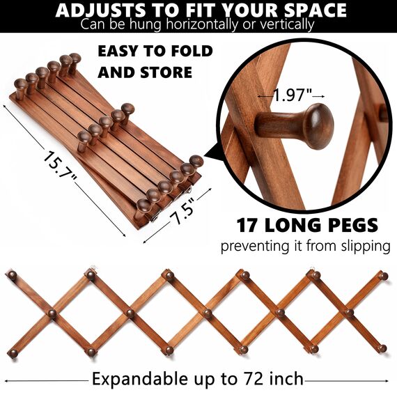 Amber Home Akkordeon-Wandregal aus Holz, 17 Haken (Pegs), erweiterbarer Wandaufhänger für Mantel, Hut, Schal, Kaffeetassen, X-Form, Kleiderhaken (Antik Retro)