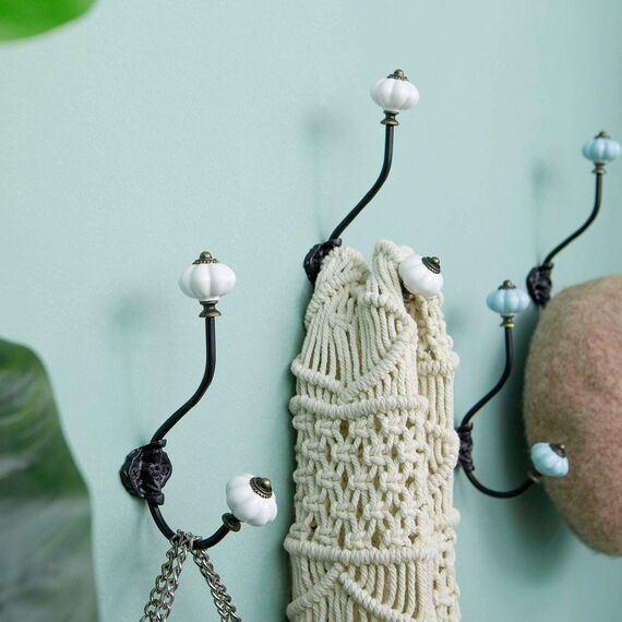 NIKKY HOME Wandhaken, dekorativ, 2 Stück, zum Aufhängen, rustikal, Vintage, Kürbis, Metall, Eisen, Keramik, antik montiert, Wandhaken für Handtücher, Mäntel, Taschen, Schals, Mützen, Badezimmer, weiß