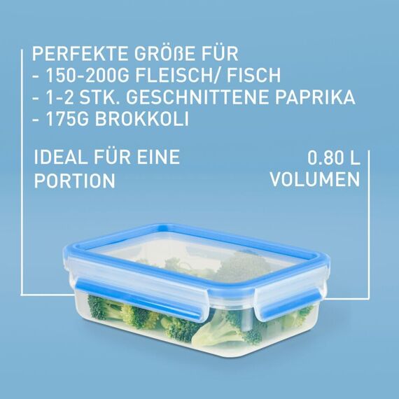 EMSA Clip & Close Frischhaltedosen-Set, rechteckig, 5 X 0,8 L, Aufbewahrungsboxen, 100 Prozent dicht, spülmaschinen-, gefrier-, mikrowellenfest, Transparent, Blau, Made in Germany, N10307