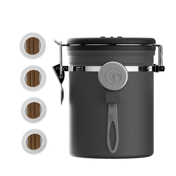 Coffee Gator-Edelstahl-Kaffeedose – Hält gemahlener Kaffee und Bohnen länger frisch – Behälter mit Datumsverfolgung, CO2-Freigabeventil und Messlöffel - Mittel - Grau