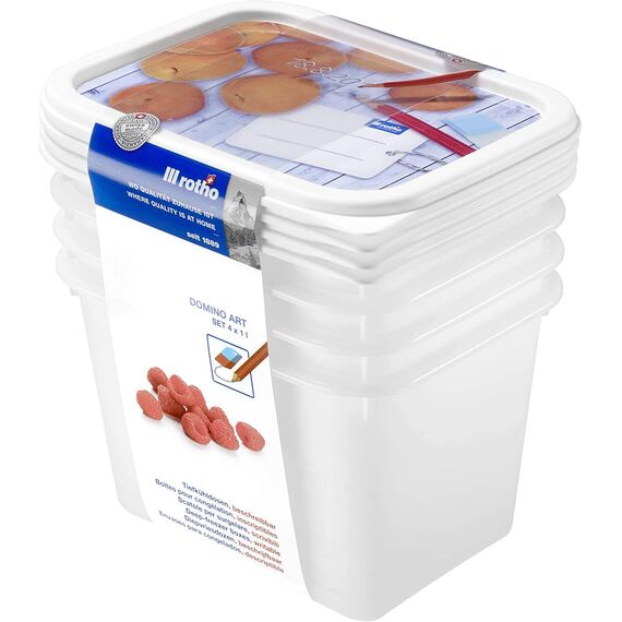Rotho Domino 4er-Set Gefrierdose 1l mit beschreibbarem Motiv auf dem Deckel, lebensmittelechter Kunststoff (PP) BPA-frei, weiss, 4 x 1l (15.7 x 11.8 x 10.0 cm), Weiß