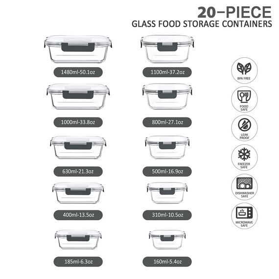 Fenger Glas Frischhaltedosen mit deckel Vorratsbehälterset,kühlschrank organizer Aufbewahrungsbehälter aufschnittboxen，meal prep gläser - luftdicht mikrowellengeschirr BPA-frei (10 Behälter)