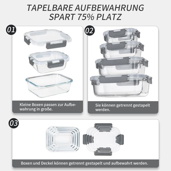 Fenger Glas Frischhaltedosen mit deckel Vorratsbehälterset,kühlschrank organizer Aufbewahrungsbehälter aufschnittboxen，meal prep gläser - luftdicht mikrowellengeschirr BPA-frei (10 Behälter)