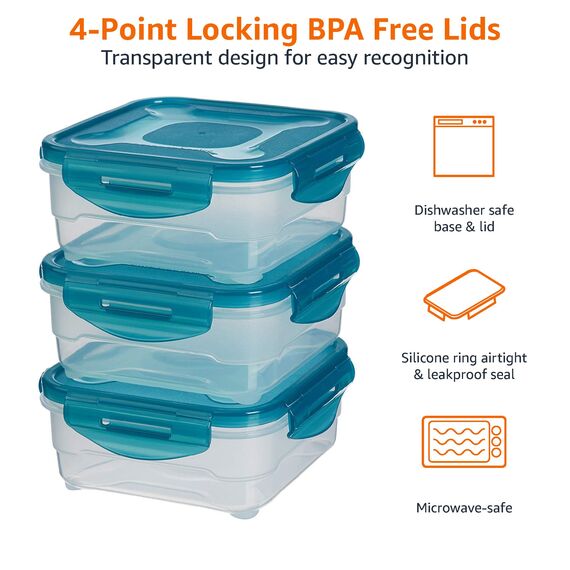Amazon Basics Gefrierbehälter im Set, mit Deckel, luftdicht, auslaufsicher, stapelbar, für Kühlschrank/Gefriertruhe, BPA-frei, Kunststoff, mikrowellen- und spülmaschinenfest, 3 x 0.8 l, farblos