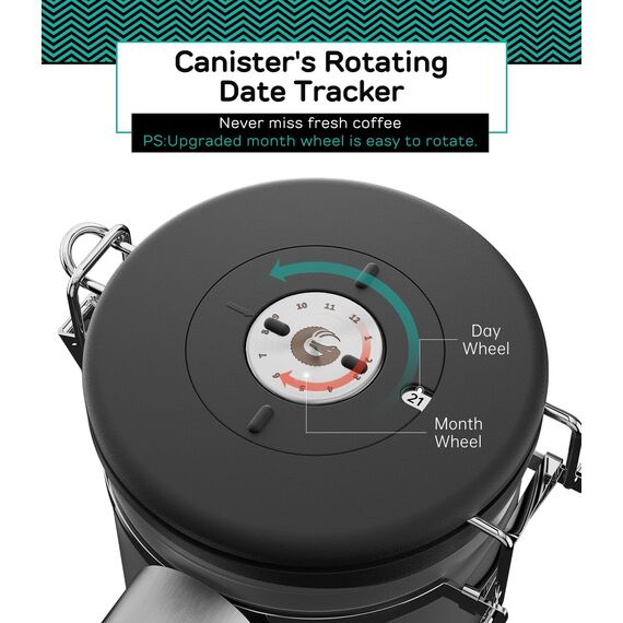 Coffee Gator-Edelstahl-Kaffeedose – Hält gemahlener Kaffee und Bohnen länger frisch – Behälter mit Datumsverfolgung, CO2-Freigabeventil und Messlöffel - Mittel - Grau