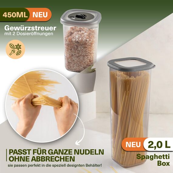 Viwares Vorratsdosen Set 18-teilig – inkl. 2,0L Spaghetti Box & 6 Gewürzdosen mit Dosierdeckel – stapelbare Aufbewahrungsboxen mit Deckel, luftdicht, BPA-frei & 52 Etiketten