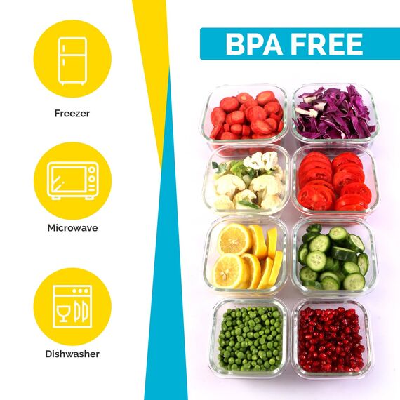 KICHLY Glasbehälter Mit Deckel - meal prep boxen glas - Transparente Erstklassig geeignet für mikrowelle - Luftdicht, Auslaufsicher, BPA-frei - 18er (9 Behälter und 9 Deckel)