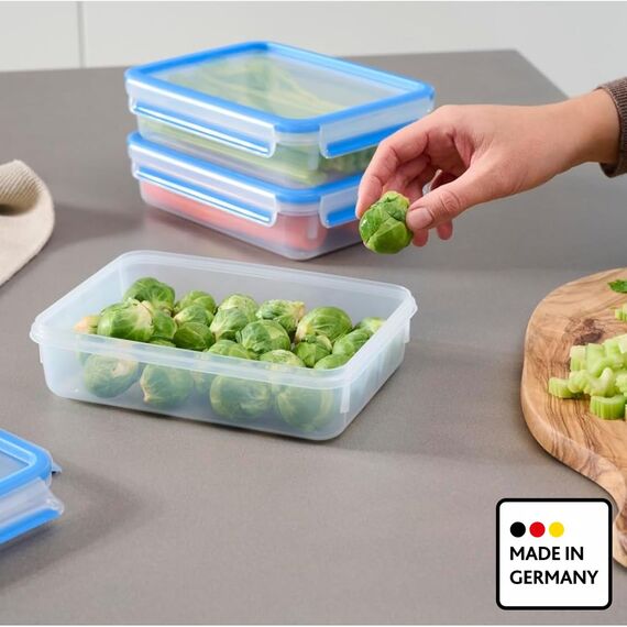 EMSA Clip & Close Frischhaltedosen-Set, rechteckig, 3 x 1,2 L, Aufbewahrungsboxen, 100 Prozent dicht, spülmaschinen-, gefrier-, mikrowellenfest, Blau, Made in Germany, 515645
