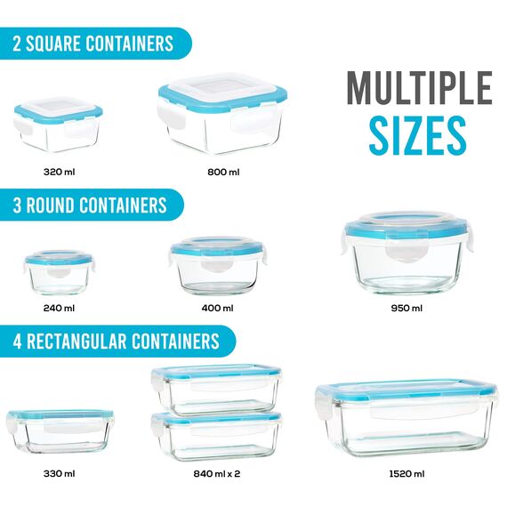 KICHLY Glasbehälter Mit Deckel - meal prep boxen glas - Transparente Erstklassig geeignet für mikrowelle - Luftdicht, Auslaufsicher, BPA-frei - 18er (9 Behälter und 9 Deckel)