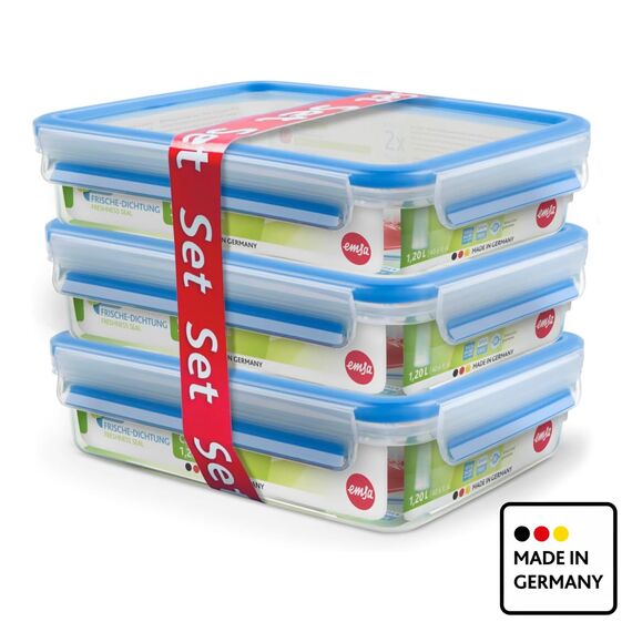 EMSA Clip & Close Frischhaltedosen-Set, rechteckig, 3 x 1,2 L, Aufbewahrungsboxen, 100 Prozent dicht, spülmaschinen-, gefrier-, mikrowellenfest, Blau, Made in Germany, 515645