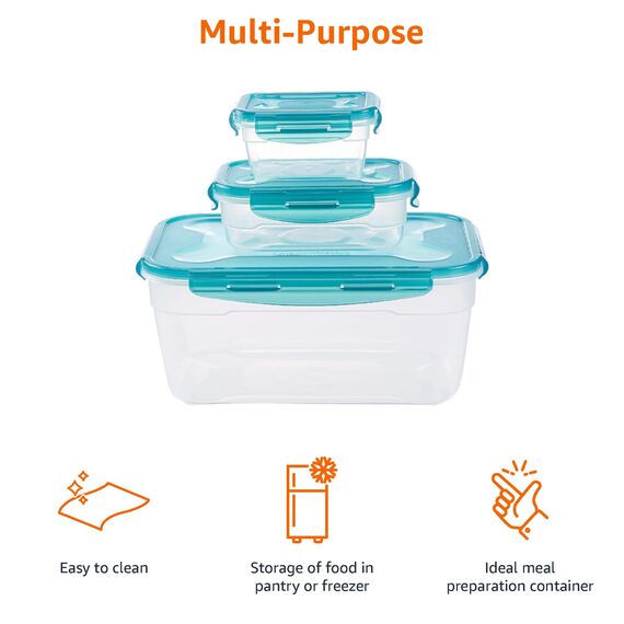 Amazon Basics Gefrierbehälter im Set, mit Deckel, luftdicht, auslaufsicher, stapelbar, für Kühlschrank/Gefriertruhe, BPA-frei, Kunststoff, mikrowellen- und spülmaschinenfest, 6 Stück 1er-Pack, farblos