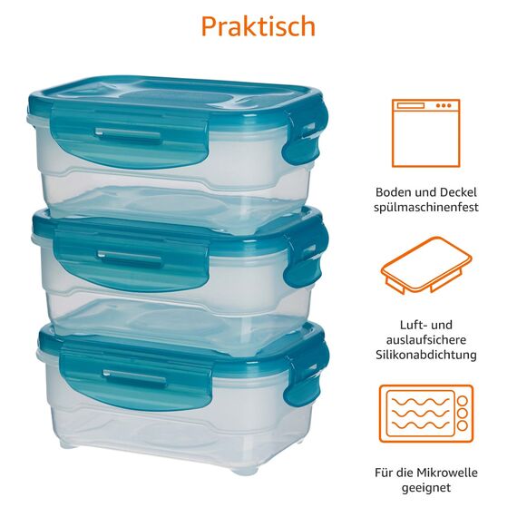 Amazon Basics Gefrierbehälter im Set, mit Deckel, luftdicht, auslaufsicher, stapelbar, für Kühlschrank/Gefriertruhe, BPA-frei, Kunststoff, mikrowellen- und spülmaschinenfest, 3 x 0.6 l, hellblau