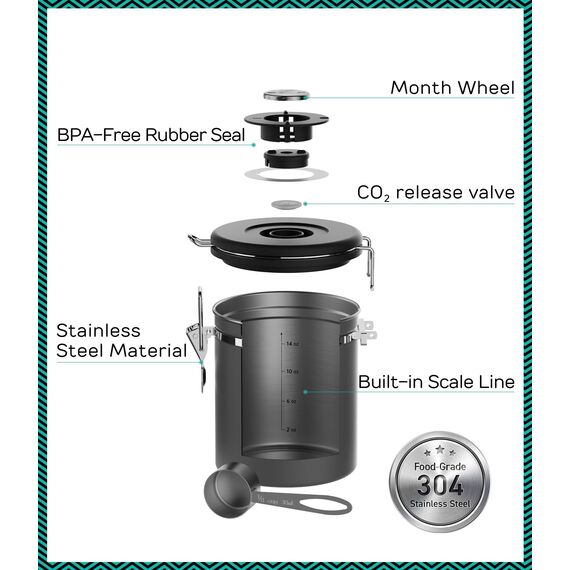 Coffee Gator-Edelstahl-Kaffeedose – Hält gemahlener Kaffee und Bohnen länger frisch – Behälter mit Datumsverfolgung, CO2-Freigabeventil und Messlöffel - Mittel - Grau