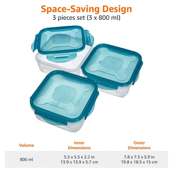 Amazon Basics Gefrierbehälter im Set, mit Deckel, luftdicht, auslaufsicher, stapelbar, für Kühlschrank/Gefriertruhe, BPA-frei, Kunststoff, mikrowellen- und spülmaschinenfest, 3 x 0.8 l, farblos