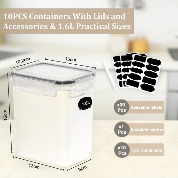 GoMaihe 1.6L Vorratsdosen 10 Set, Aufbewahrungsbox Küche Luftdicht Behälter aus Plastik Mit Deckel, Vorratsbehälter zur Aufbewahrung von Nudeln, Müsli, Reis, Mehl, und für futter Haustiere, MEHRWEG